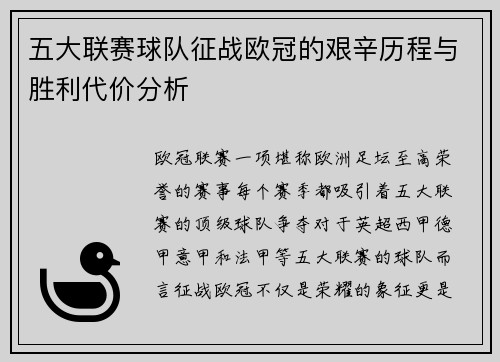 五大联赛球队征战欧冠的艰辛历程与胜利代价分析