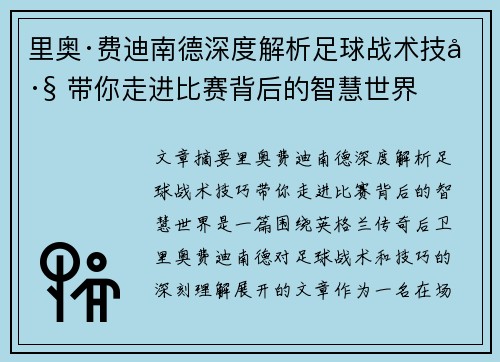 里奥·费迪南德深度解析足球战术技巧 带你走进比赛背后的智慧世界